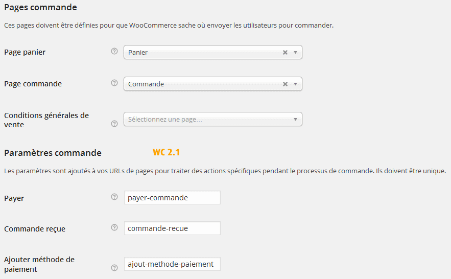 Pages  commande WooCommerce 2.1